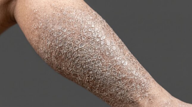 Close up of severe dry, cracked, and scaly skin on an arm due to ichthyosis or eczema
