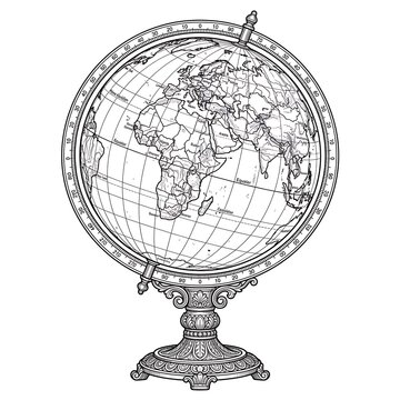 Vintage World Globe Line Art Vector | Detailed Antique Earth Map Illustration