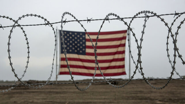 US flag behind barbed wire, symbolic composition, overcast sky