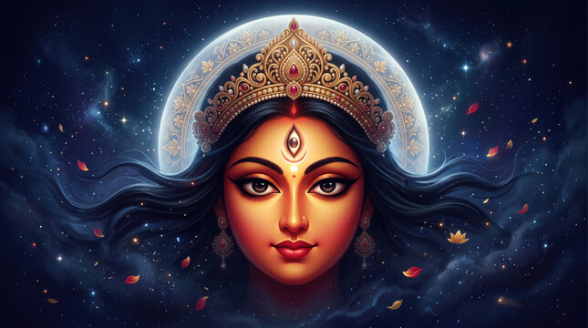 Three-Eyed Durga Face Beneath a Mystical Moonlit Halo for Durga Puja and Navratri