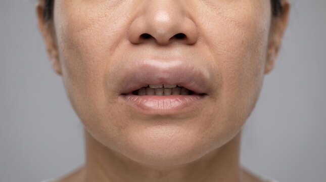 Close up of a person's mouth with severely swollen lips due to an allergic reaction or angioedema