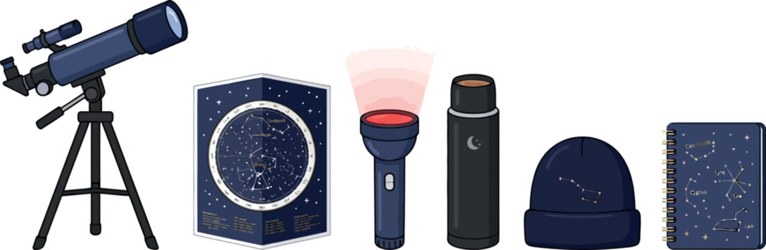 Stargazing and Astronomy Vector Set with Telescope on Tripod, Star Map, Red Light Flashlight, Thermos Flask, Beanie, and Constellation Notebook