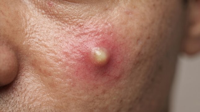 Macro shot of a large, painful pus-filled pimple, cyst, or boil infected on a person's facial skin.