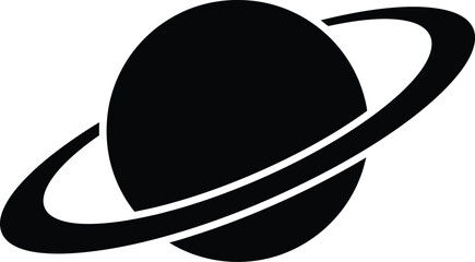 Black silhouette icon of the planet Saturn with prominent planetary rings isolated on a white background, minimalist celestial body graphic for astronomy and space exploration themes. © arga