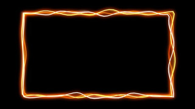 Glowing orange electric energy rectangular frame border loop with neon light wave motion on black.