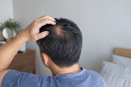 Man Scratching Itchy Scalp With Bald Spot on Crown