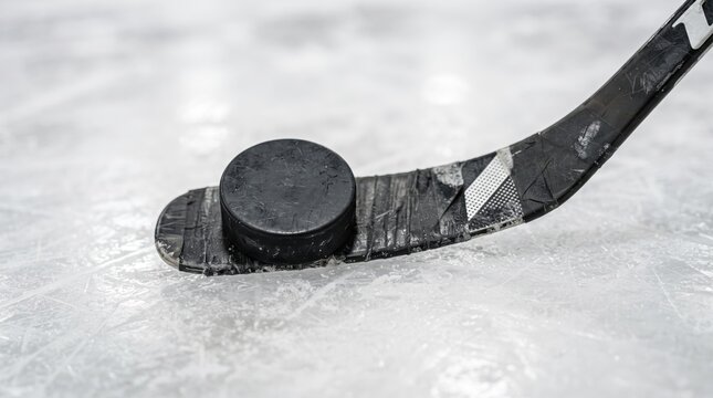 Close up of a black ice hockey puck resting against the taped blade of a hockey stick on ice. Equipment texture and winter sports gear.