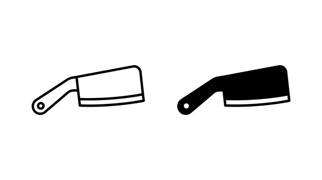 Meat cleaver kitchen knife icon set with outline and solid black graphic for culinary tool concepts.