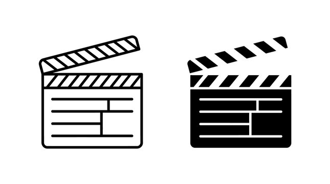 Clapperboard icon set with outline and solid black graphic styles for film production and movie entertainment.