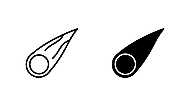 Falling meteor asteroid icon set with outlined and solid black shapes for space astronomy and educational design projects.