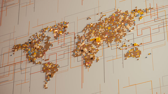 Futuristic World Map and Connected Data Circuits