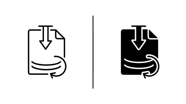 Document download and refresh rotation icon set in outline and solid black for file management interfaces.