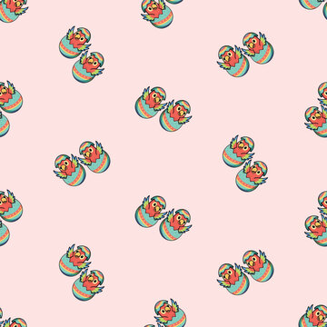 Cute Easter eggs and parrot chicks seamless pattern vector background for holiday wrapping paper design.