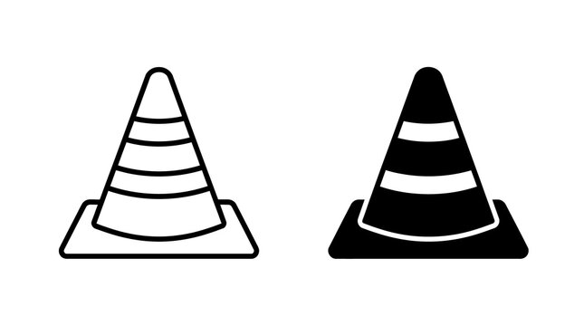 Traffic cone line and solid icons for construction site safety and road warning.