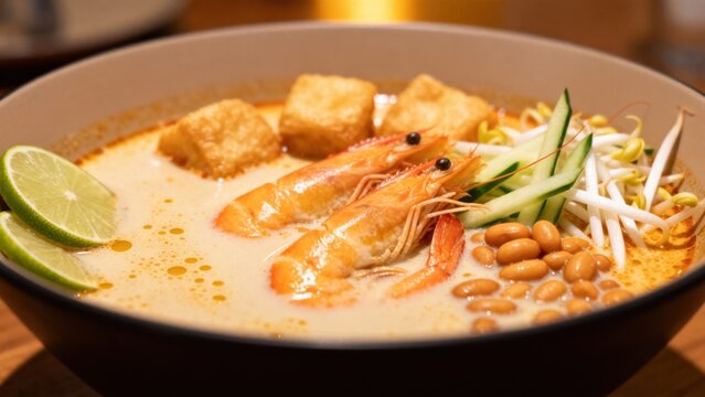 A spicy and creamy Singaporean laksa, in a deep bowl, with rice vermicelli, prawns, fish cakes, cockles, bean sprouts, and tofu puffs, immersed in a rich coconut curry broth infused with lemongrass an