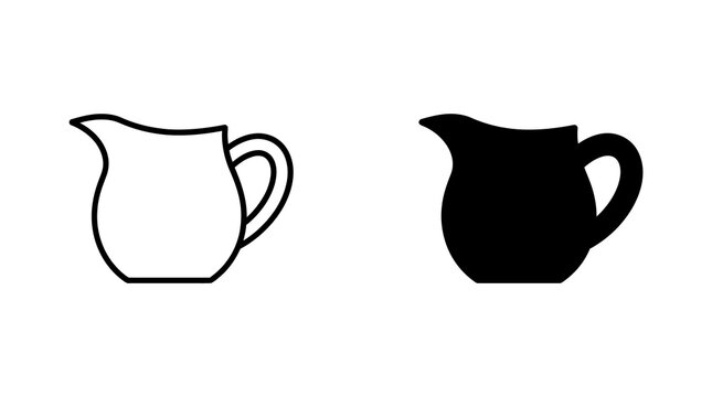 Milk jug pitcher icon set featuring outline and solid black silhouettes for kitchenware and cafe branding.