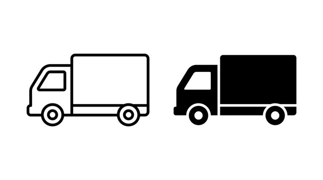 Delivery truck outline and solid vector icons for logistics and shipping services.