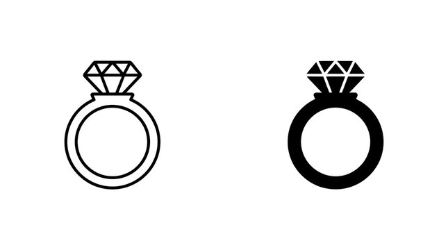 Diamond engagement ring outline and solid icons for jewelry shop branding and wedding invitations.