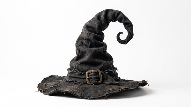 A worn and tattered black witch hat with a brass buckle and curled point on a white background
