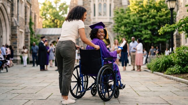 A smiling graduate student sitting in a wheelchair holding her diploma while being pushed by a friend in front of an academic university campus building.