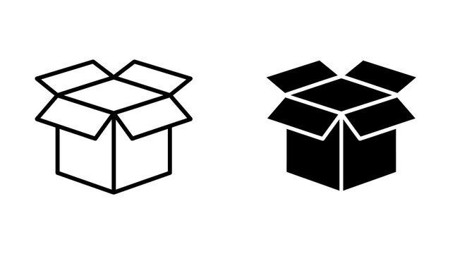Open cardboard box outline and solid vector icons for packaging and shipping goods.