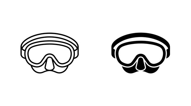 Scuba diving mask icon with outline and solid variations for underwater water sports activities.