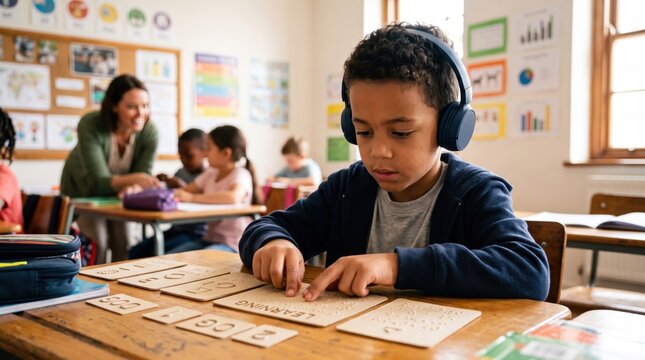 A visually impaired boy with headphones reading tactile text on cards at a desk in a classroom setting.