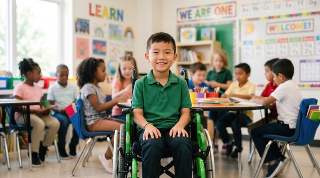 A portrait of a smiling boy sitting in a green wheelchair in the middle of a vibrant inclusive elementary school classroom with classmates in the background.