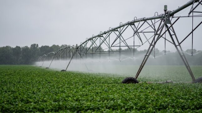 Large scale center pivot irrigation mechanical structure spraying water over a vast green field under a cloudy sky.