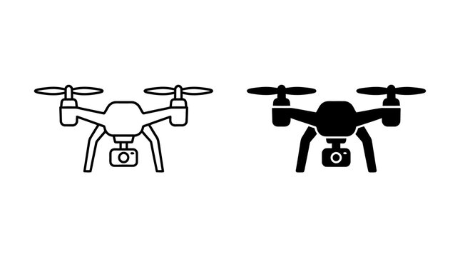 Drone quadcopter icon set with camera gimbal for photography videography and technology innovation concepts.