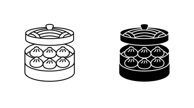 Dim sum bamboo steamer basket icon set with dumpling food items for culinary menus and restaurant signage.