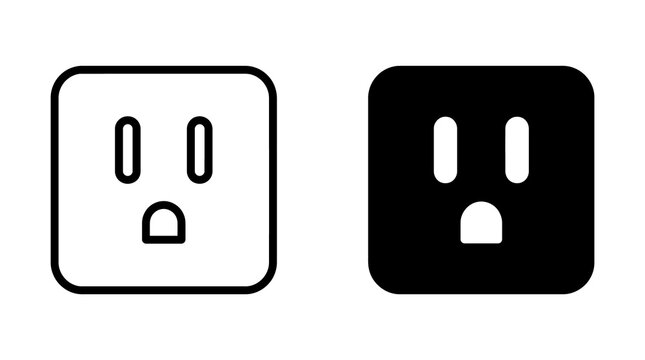 Wall electrical power outlet socket icon set with outline and solid black designs for home energy and infrastructure systems.