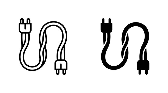 Electrical power cable plug icon set with outline and solid black designs for household and connectivity hardware themes.