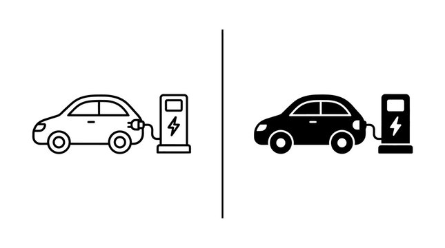 Electric car charging station vector icon set with outline and solid black graphic styles for energy and vehicle power concepts.