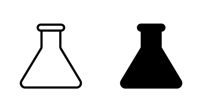 Chemistry glass flask icon in linear and solid black styles for laboratory research and scientific experimentation themes.
