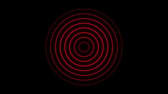 Pulsing red concentric circles radiating outward on black background in loopable motion graphi,  motion graphic video.