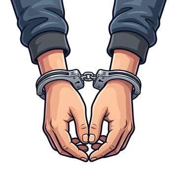 Vector clip art of cuffed hands raised up in metal handcuffs isolated on white background, concept of arrest, law enforcement, or restriction