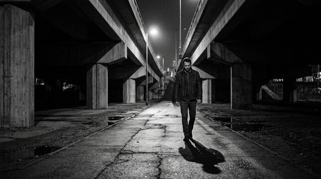 Lone Man Walking Under Concrete Bridge at Night, B&W, Moody Atmosphere