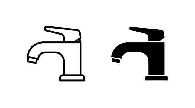 Water faucet icon set with outline and solid black silhouettes for plumbing and home improvement design.