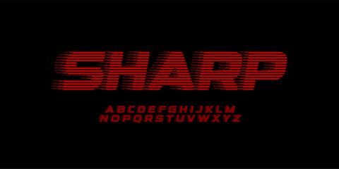 Naklejka na ściany i meble Sharp Futuristic Font Line Halftone Blur Logo Alphabet, Bold Italic Red Letters. Modern Typographic Design for Cyber Security Tech Forum Title, HUD, Sport Headline. Future Fonts. Vector Typeface