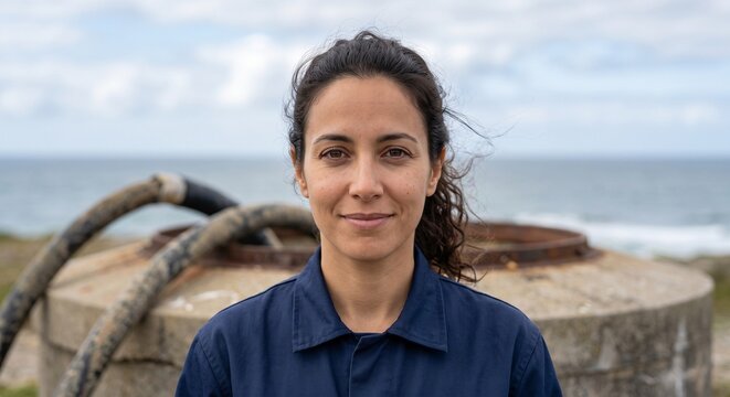 Front-Facing Portrait Of A French-Moroccan Female Subsea Network Engineer At A Coastal Cable Landing Station I