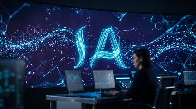 Woman working in a futuristic control room with AI data visualization on a large screen