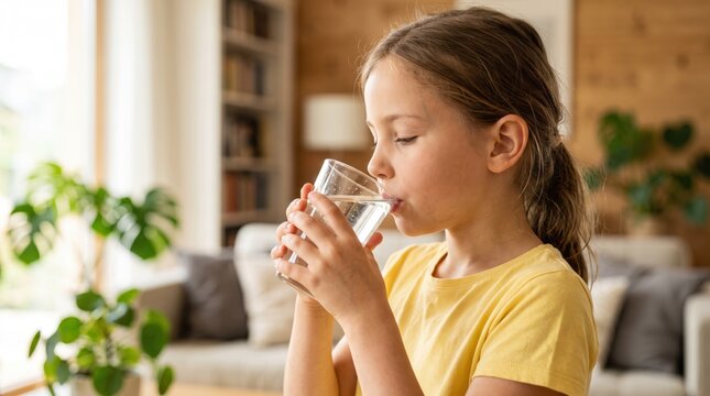 A young girl drinking a fresh glass of water while sitting in a bright living room. Healthy hydration habits, daily routine, child healthcare.