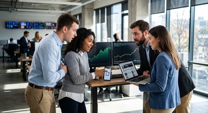 Five Financial Professionals Reviewing Capital Expenditure Charts Around Conference Table In Luxury High-Rise