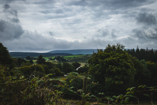 Stormy clouds over rolling green moorland, Dartmoor, Devon