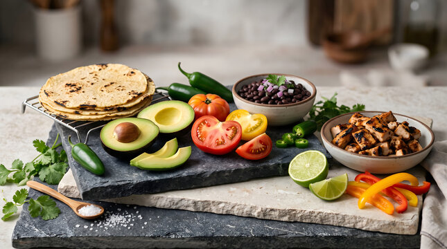 Ingredientes frescos para comida mexicana como aguacate, frijoles negros, tortillas de maiz y pollo a la parrilla
