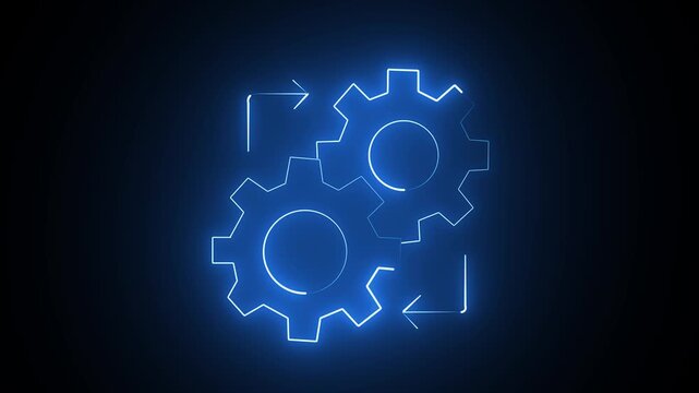 Neon gear icons rotate and glow on transparent background rotating cogwheel mechanism motion animation loop technology engineering industrial luminescent digital