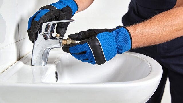 Plumber installing a chrome bathroom faucet on a white ceramic sink using a wrench and protective gloves during professional plumbing repair and home renovation