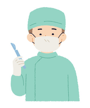 Male surgeon holding scalpel in medical uniform, mask, and gloves. Cute vector illustration with rough edge