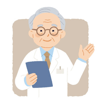 Elderly physician professor in white coat and glasses with medical record. Flat design vector illustration with rough edge